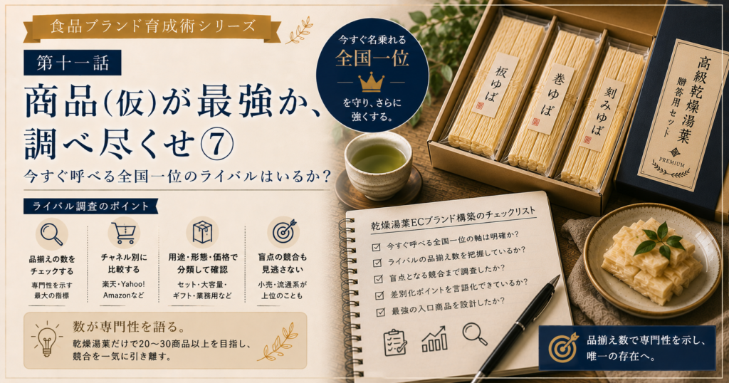 食品ブランド育成術シリーズ　第十一話：商品（仮）が最強か、調べ尽くせ⑦　今すぐ呼べる全国一位のライバルはいるか？